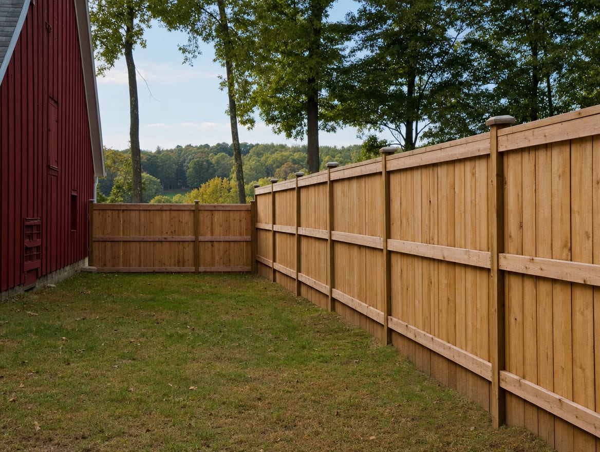 A full six foot tall wood privacy fence running along the back property line of a farmhouse yard in Warren, CT