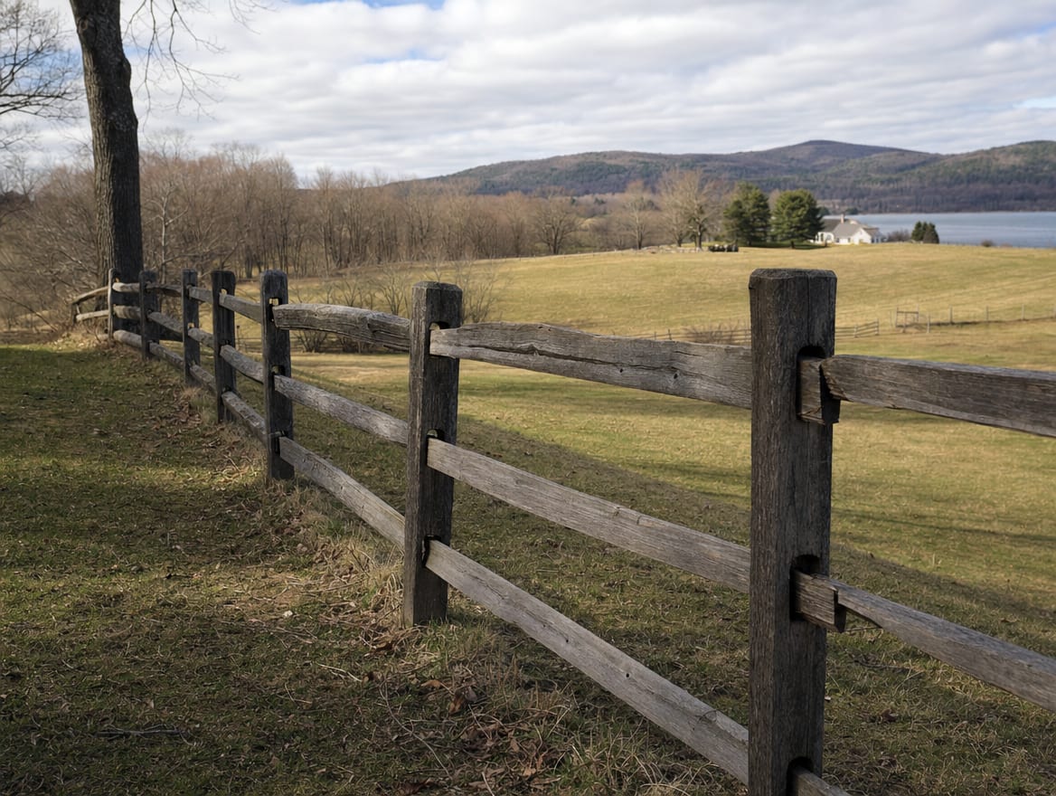 A wood split-rail or post-and-rail fence running along the edge of a field in Warren, CT
