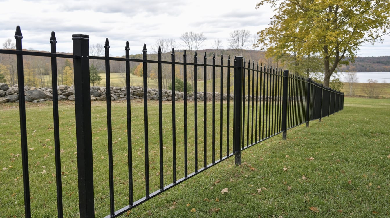 A black aluminum ornamental fence running along a front property line in Warren, CT