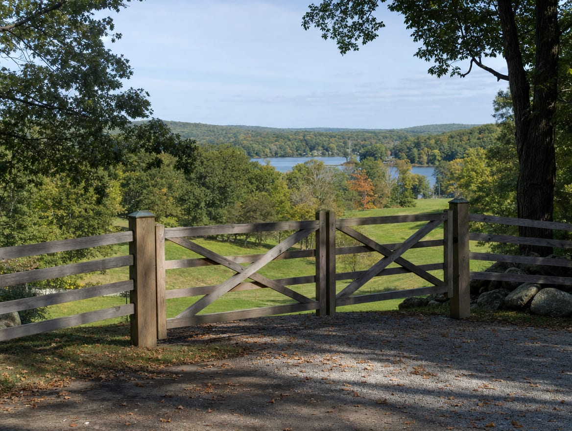 A wood driveway gate set into a fence at the entrance of a country property in Warren, CT