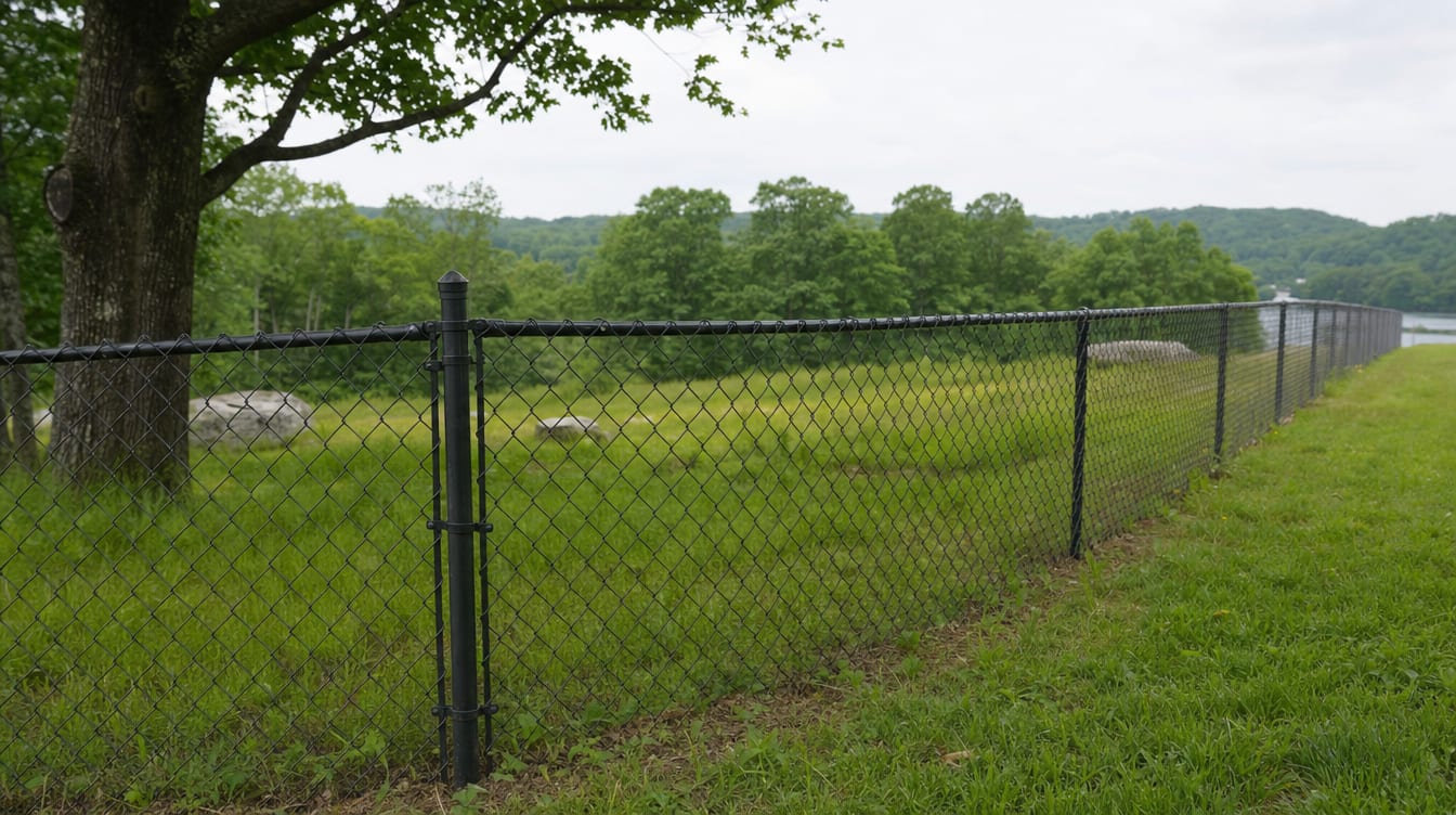 A chain link fence running along a rear property line of a backyard in Warren, CT