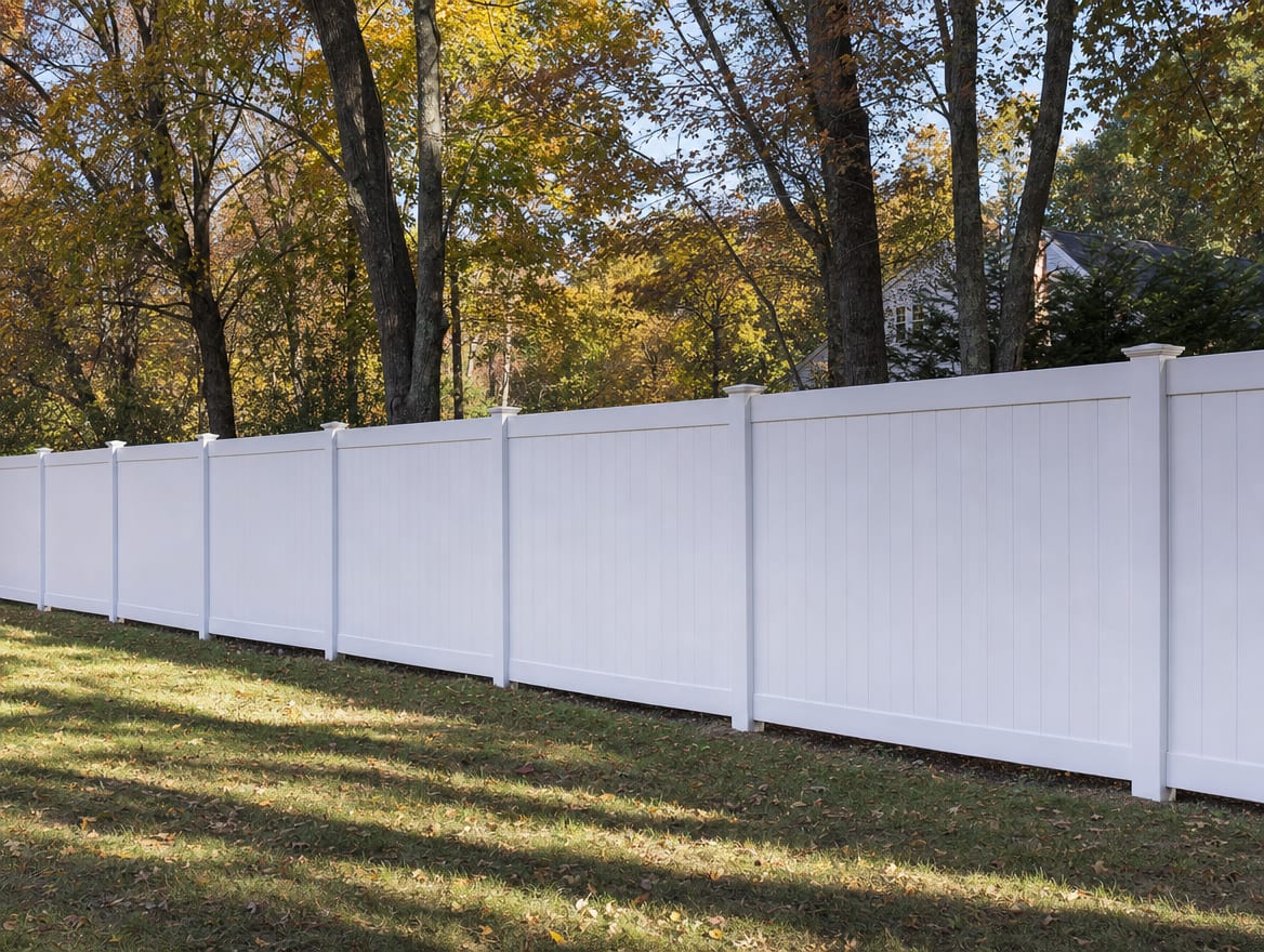 A full six foot tall white vinyl privacy fence running along a backyard property line in Washington, CT