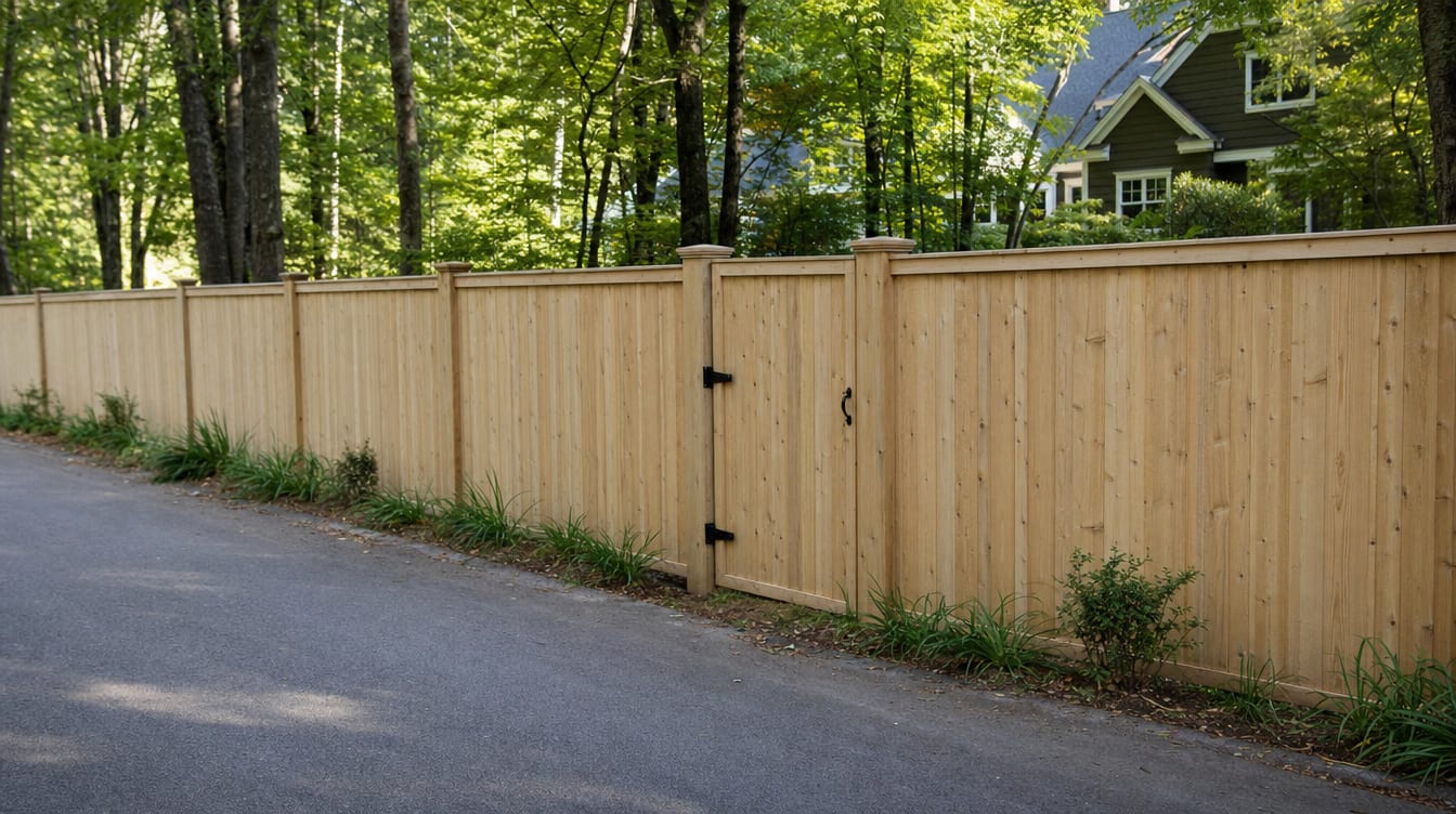 A full six foot tall wood privacy fence with a matching gate set into the run in Washington, CT