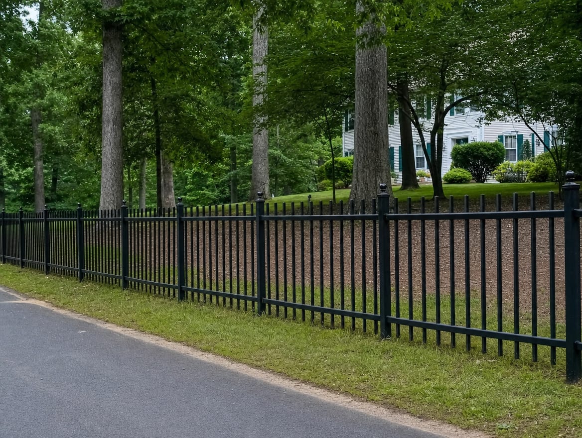 A black aluminum ornamental fence running along a front property line in Watertown, CT