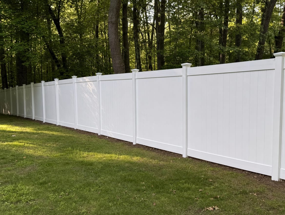 A full six foot tall white vinyl privacy fence running along a backyard property line in Watertown, CT