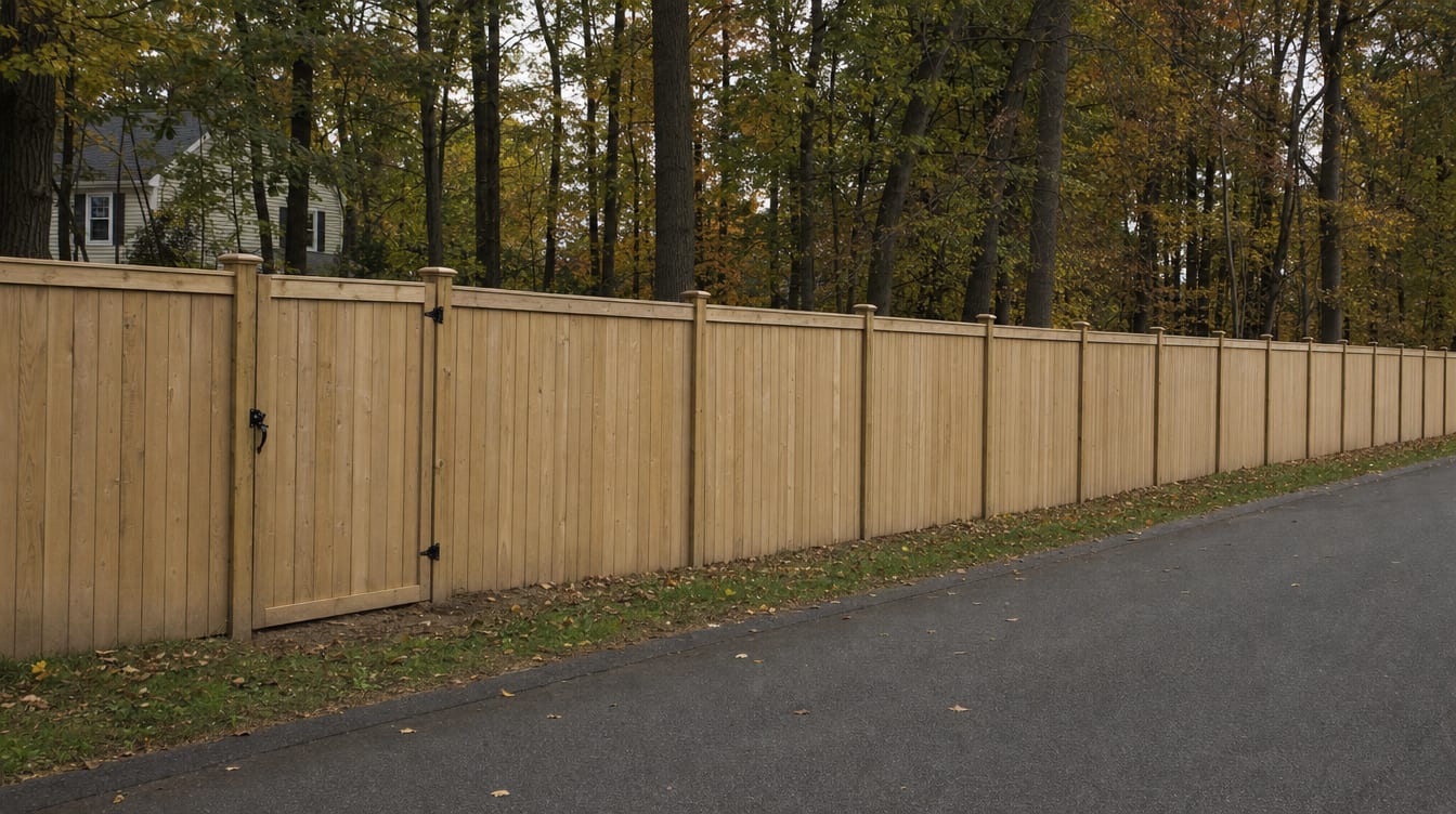 A full six foot tall wood privacy fence with a matching gate set into the run in Watertown, CT