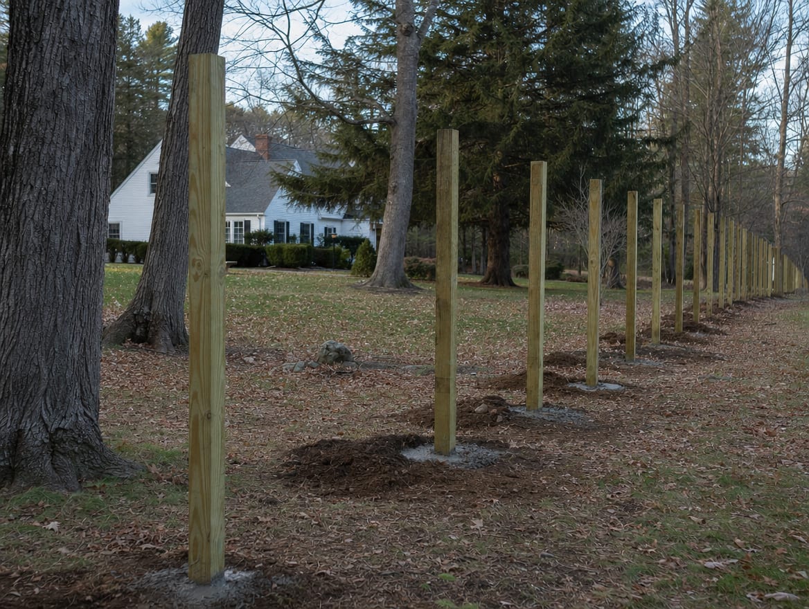 A residential fence installation in progress with newly set posts in Watertown, CT