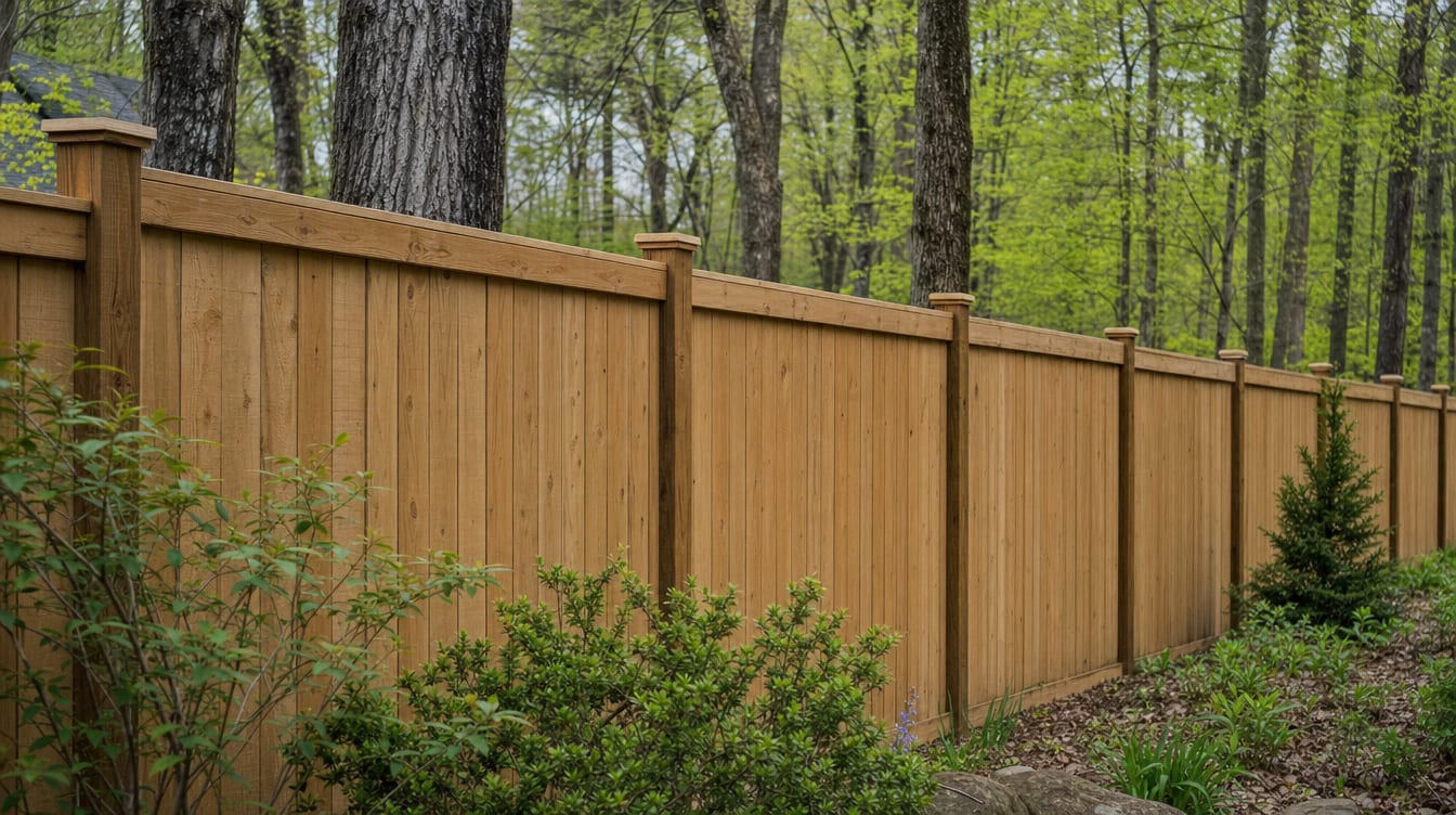 A close view of the top of a finished full six foot tall wood privacy fence with a clean flat post cap, the fence continuing along the property line out of frame in Watertown, CT