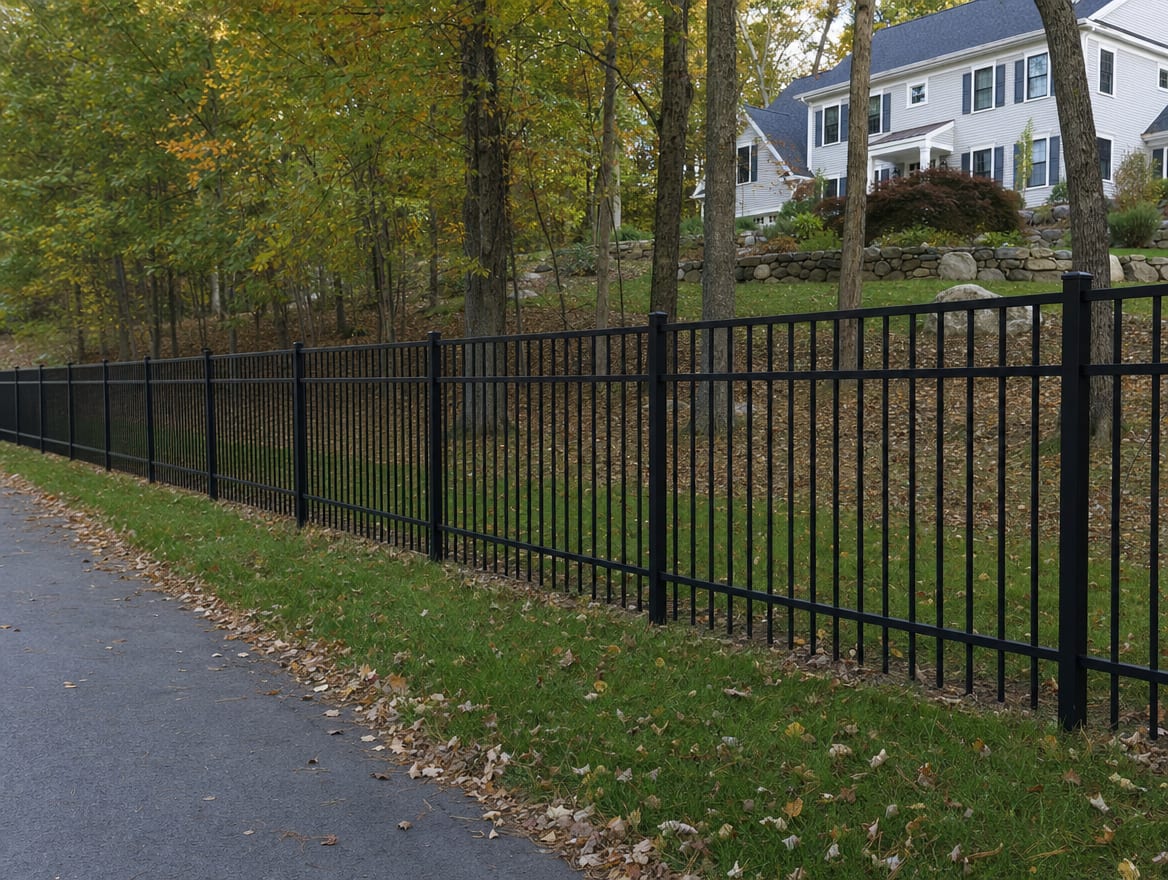 A black aluminum ornamental fence running along a front property line in Weston, CT