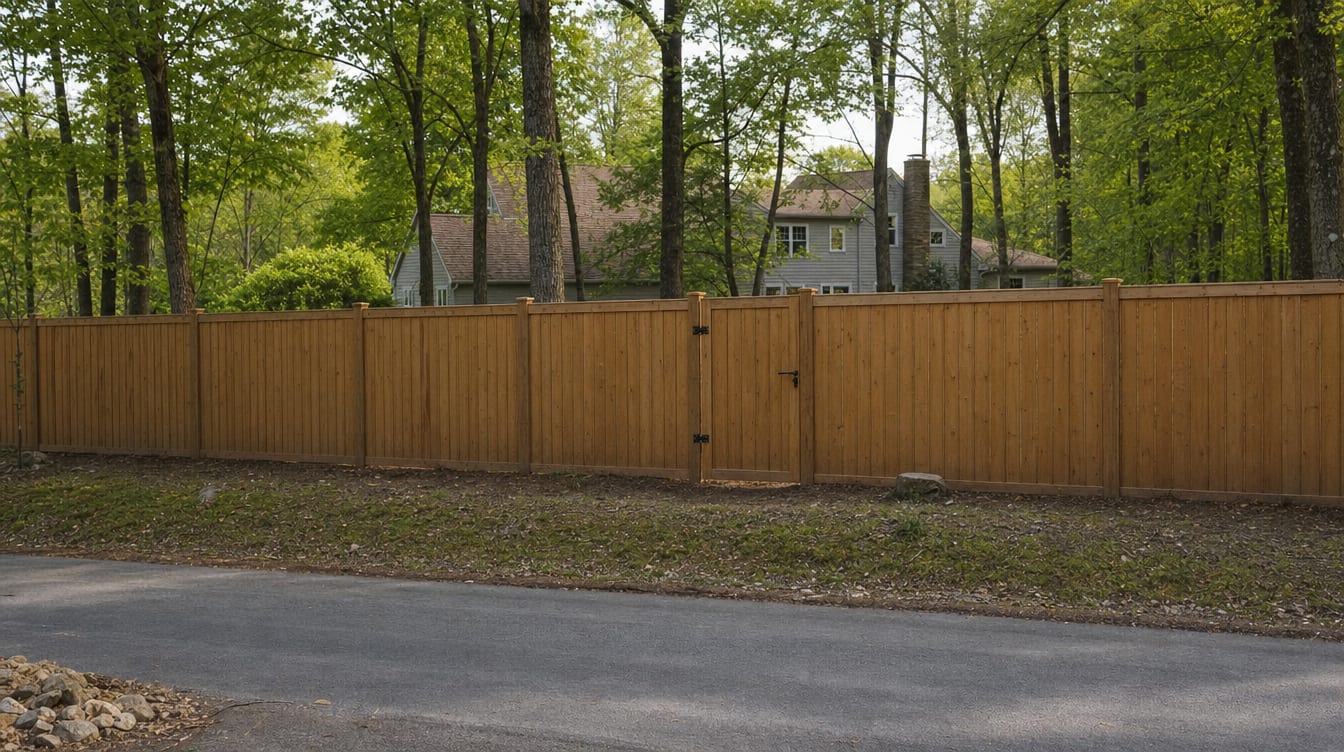 A full six foot tall wood privacy fence with a matching gate set into the run in Weston, CT
