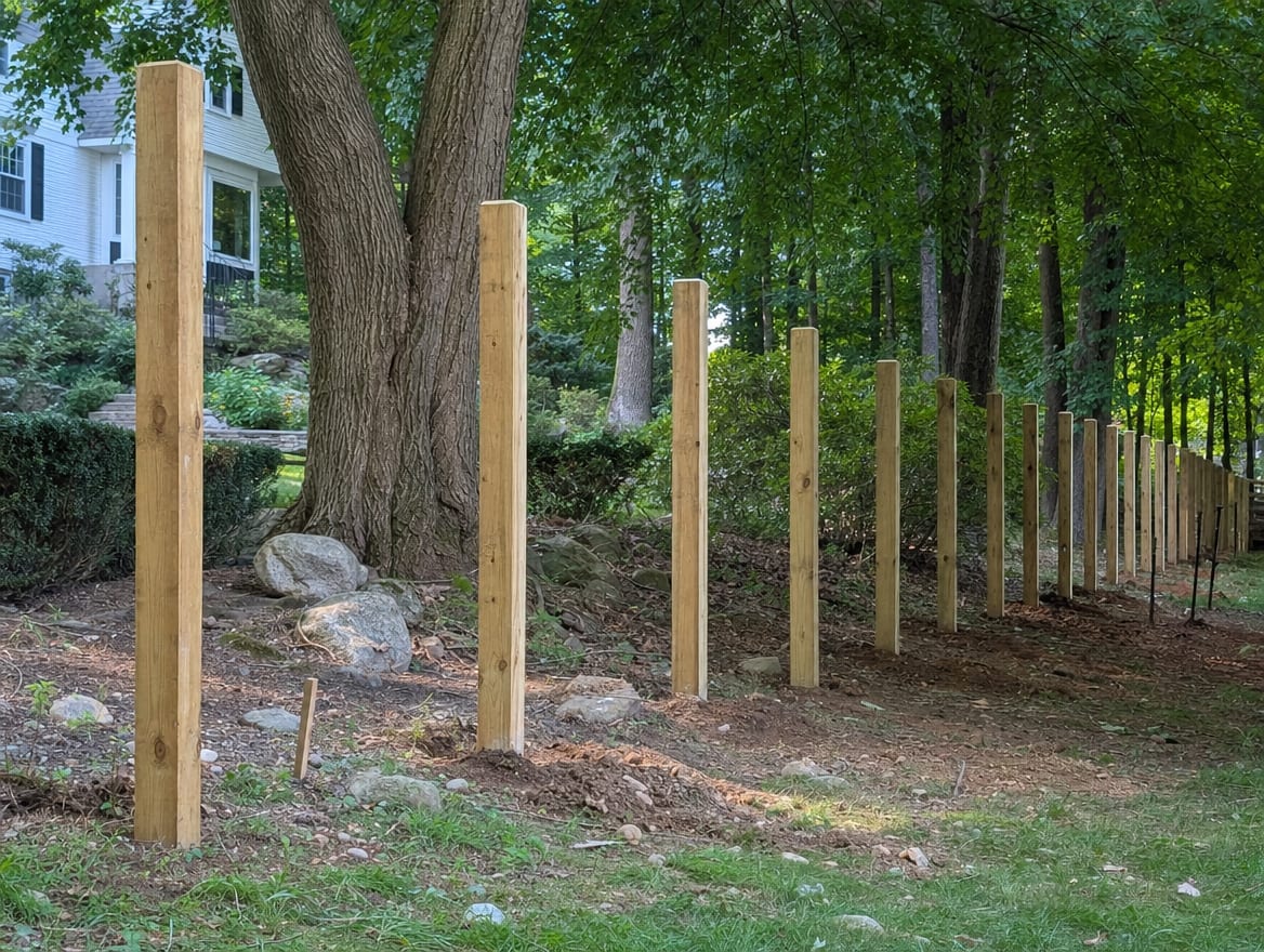 A residential fence installation in progress with newly set posts in Weston, CT