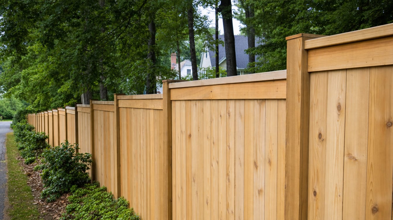 A close view of the top of a finished full six foot tall wood privacy fence with a clean flat post cap, the fence continuing along the property line out of frame in Weston, CT