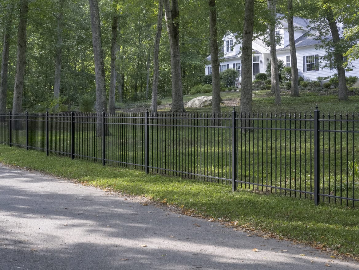 A black aluminum ornamental fence running along a front property line in Wilton, CT