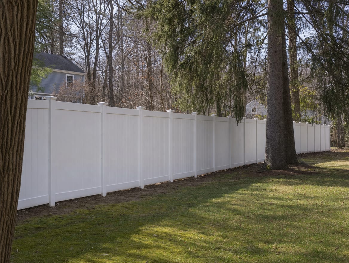 A full six foot tall white vinyl privacy fence running along a backyard property line in Wilton, CT