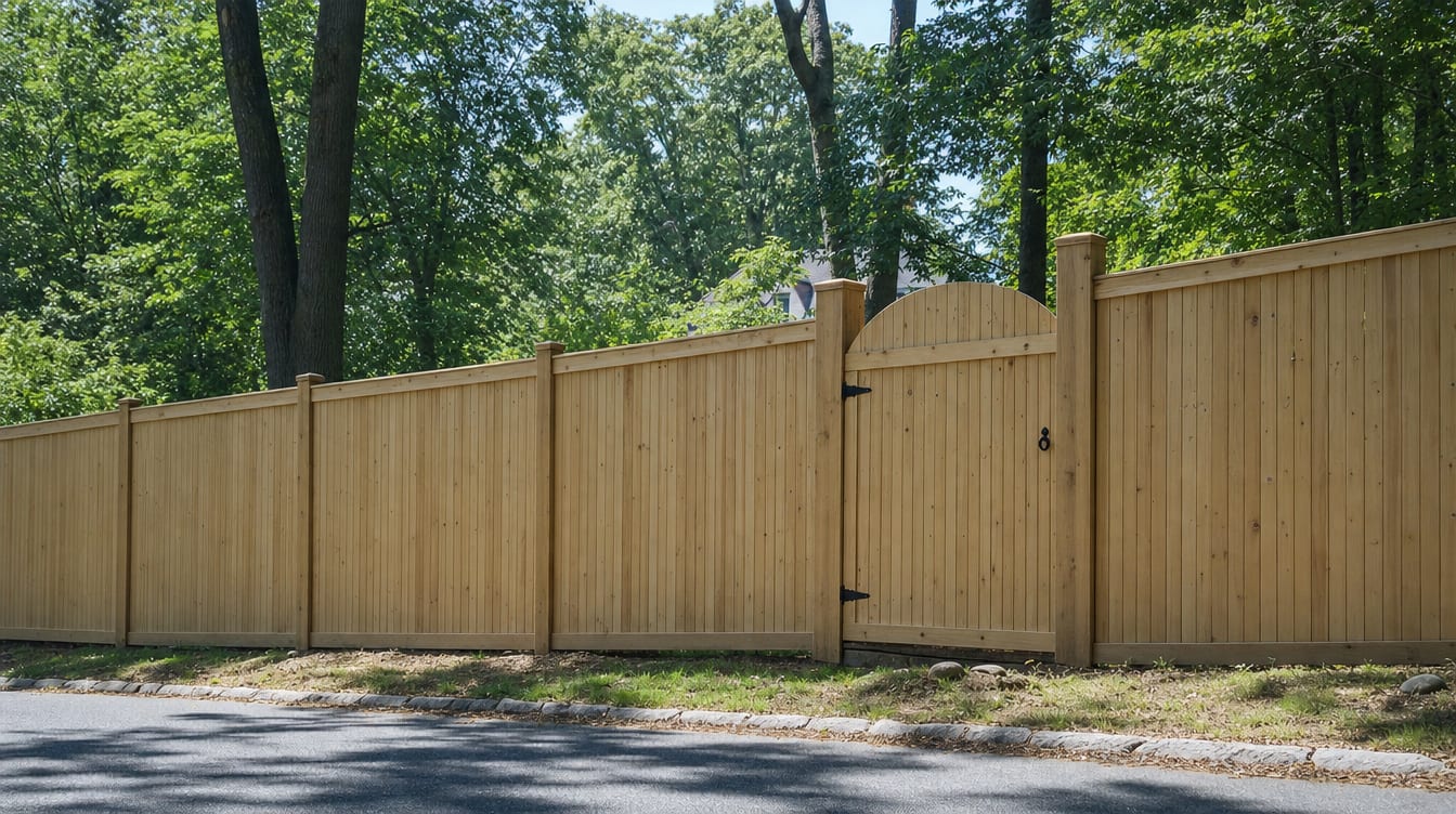 A full six foot tall wood privacy fence with a matching gate set into the run in Wilton, CT