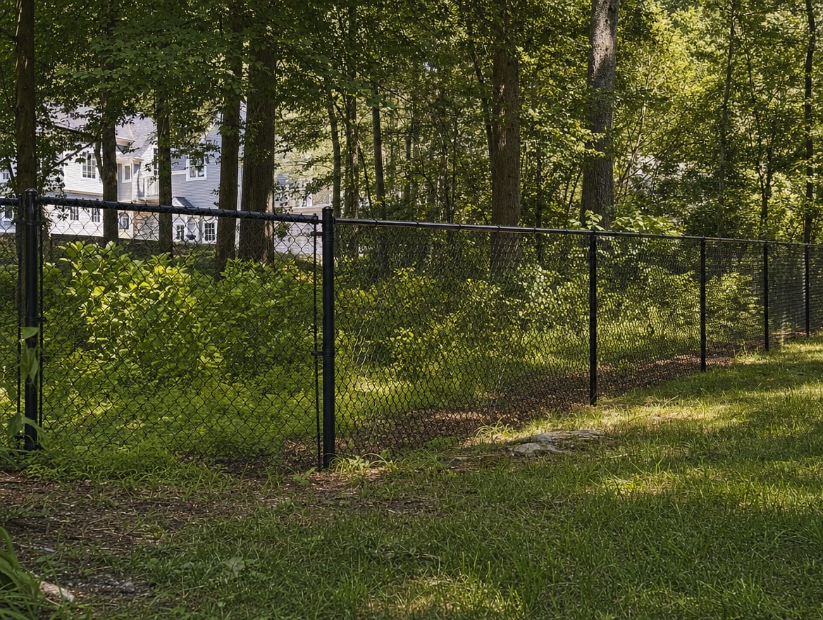 A black chain link fence running along a rear property line of a backyard in Wilton, CT