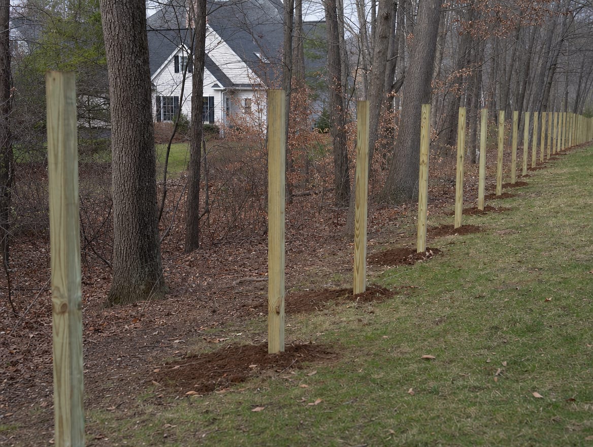 A residential fence installation in progress with newly set posts in Wilton, CT