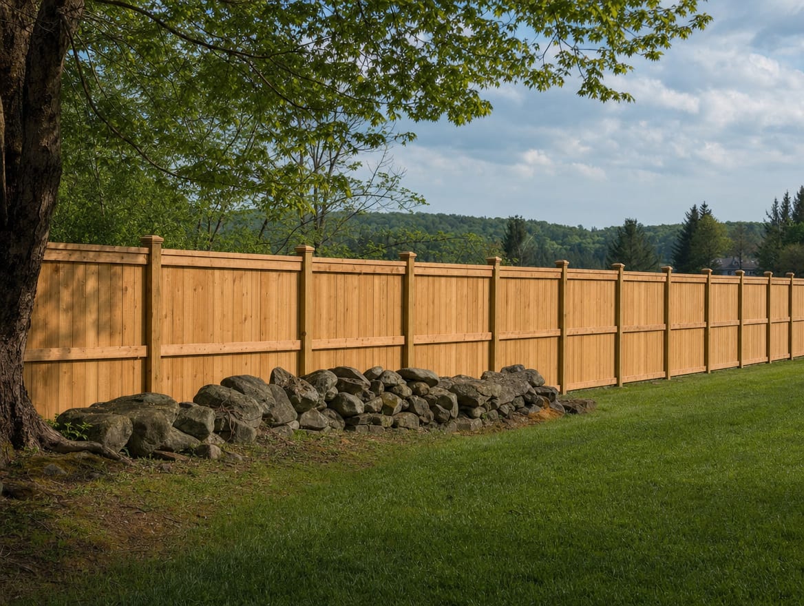 A full six foot tall wood privacy fence running along the back property line of a farmhouse yard in Wingdale, NY