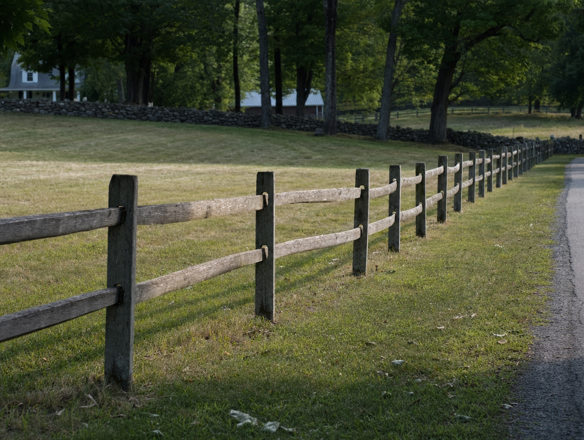 A wood split-rail or post-and-rail fence running along the edge of a field in Wingdale, NY