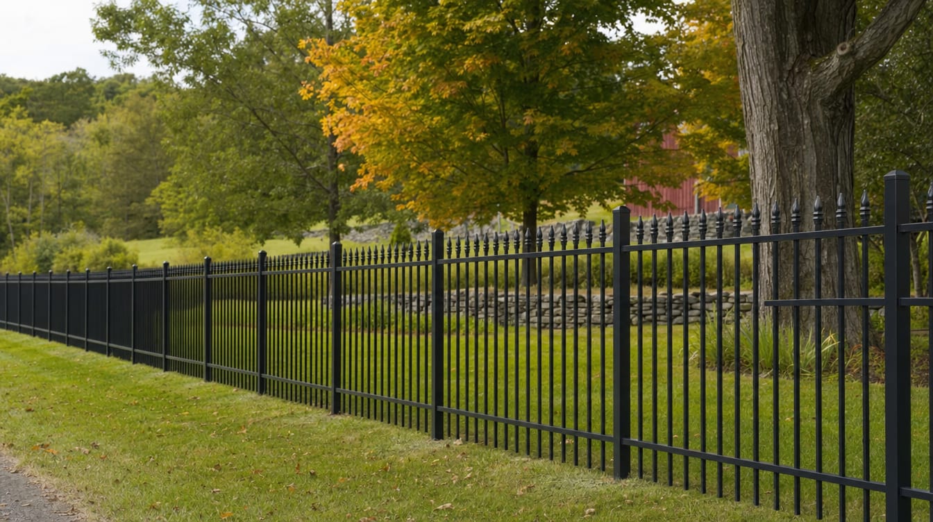 A black aluminum ornamental fence running along a front property line in Wingdale, NY