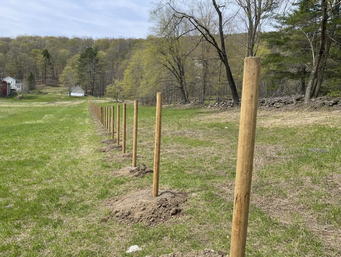 A fence installation in progress with newly set posts in Wingdale, NY