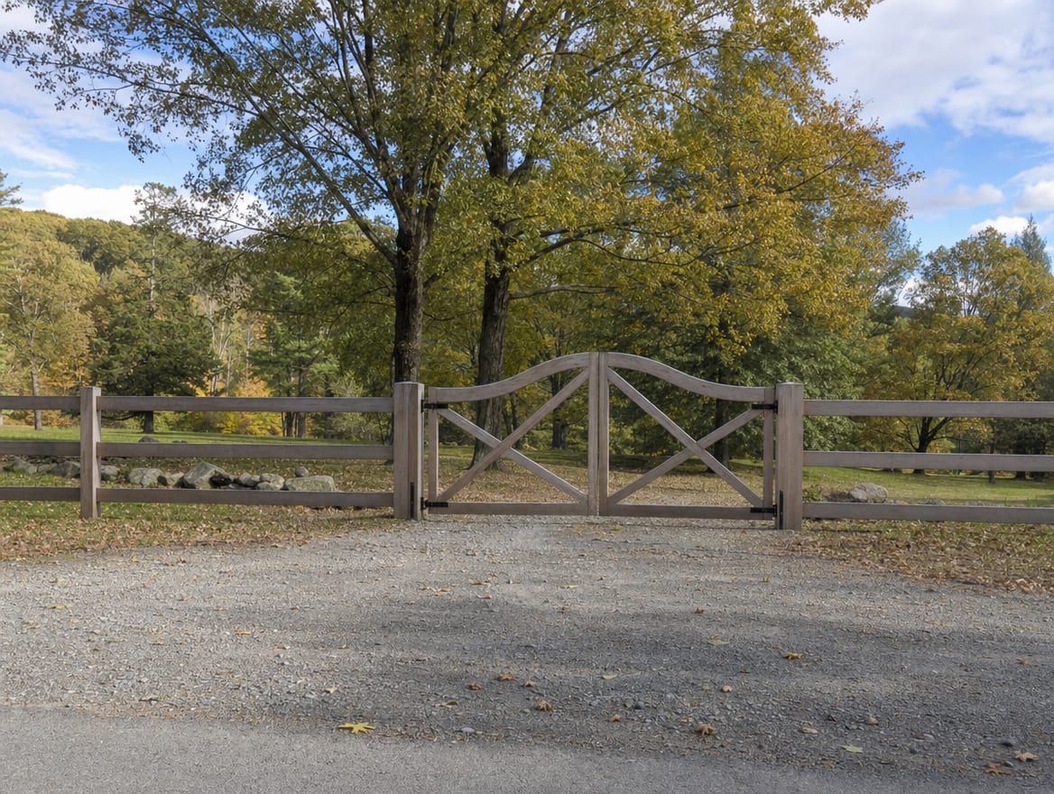 A wood driveway gate set into a fence at the entrance of a country property in Wingdale, NY