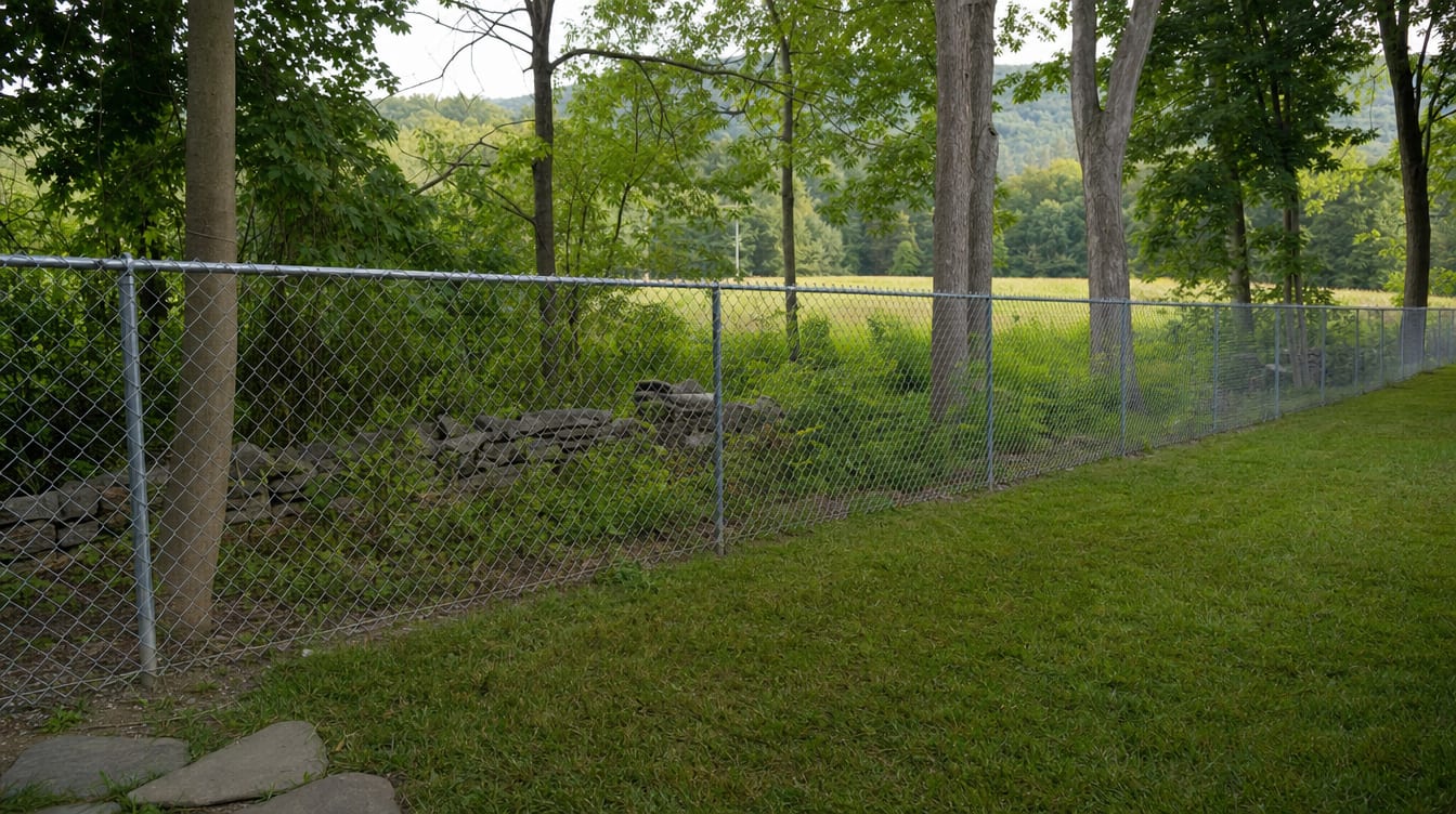 A chain link fence running along a rear property line of a backyard in Wingdale, NY