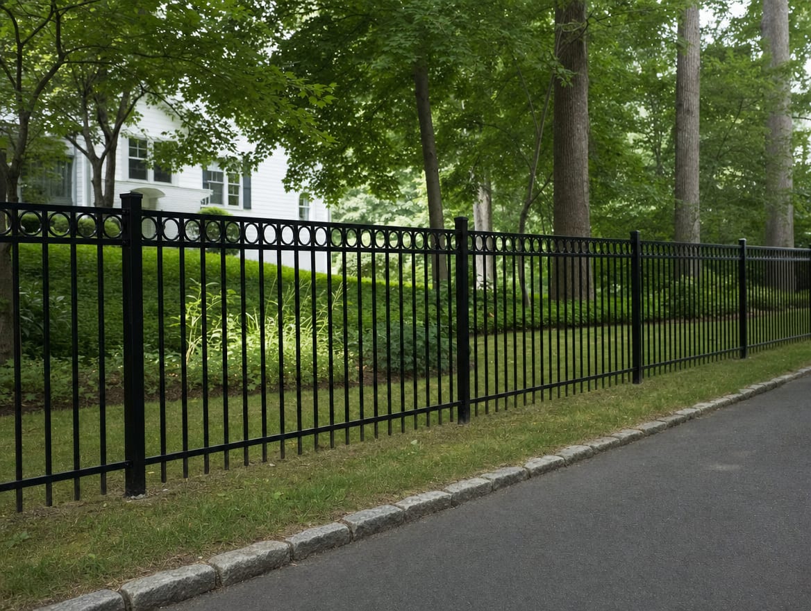 A black aluminum ornamental fence running along a front property line in Woodbury, CT