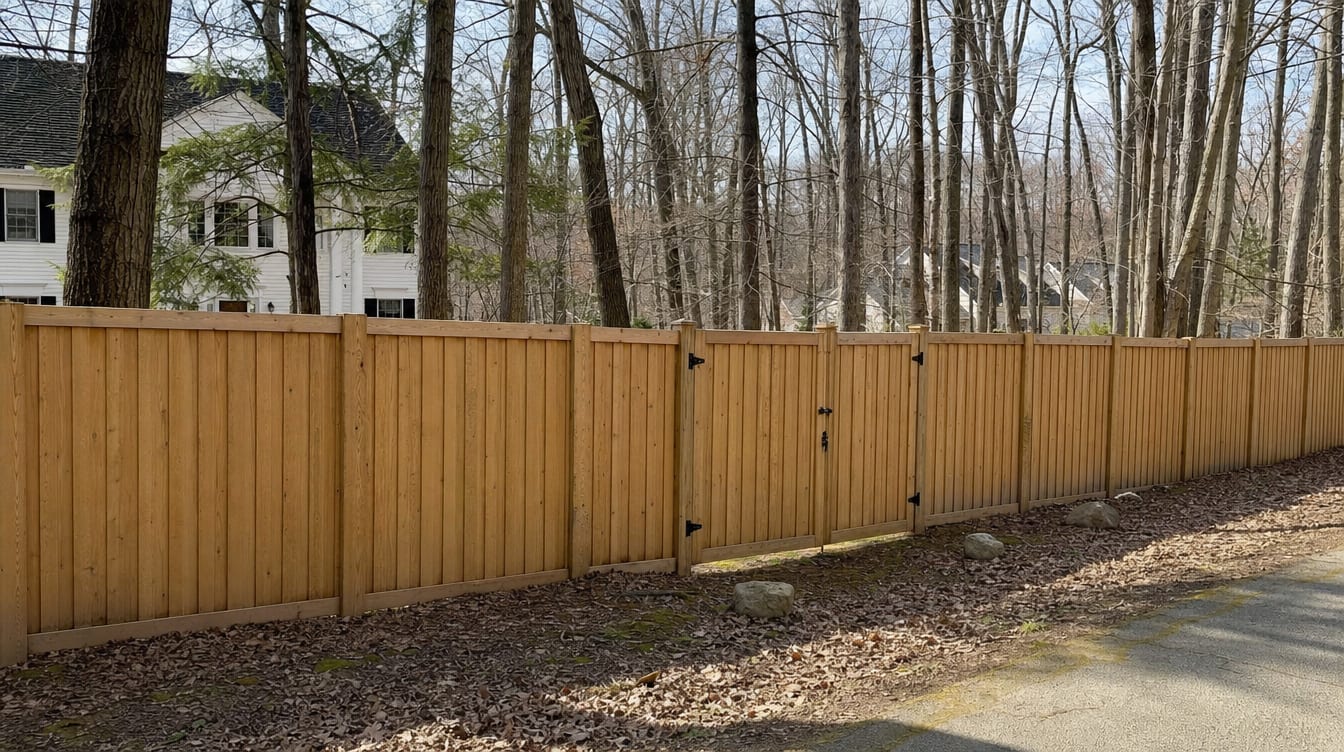 A full six foot tall wood privacy fence with a matching gate set into the run in Woodbury, CT