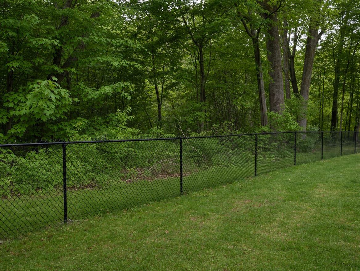 A black chain link fence running along a rear property line of a backyard in Woodbury, CT