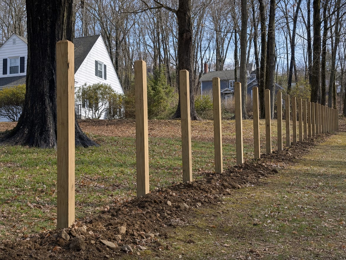 A residential fence installation in progress with newly set posts in Woodbury, CT