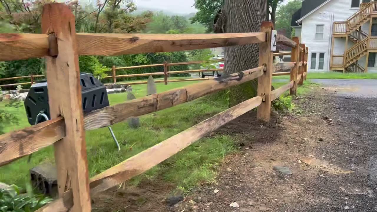 Rustic split-rail fence beside a mature tree