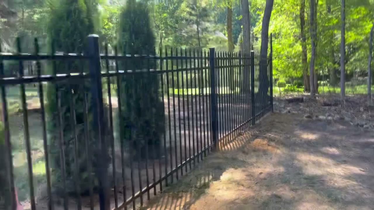 Black aluminum spear-top fence through a wooded yard