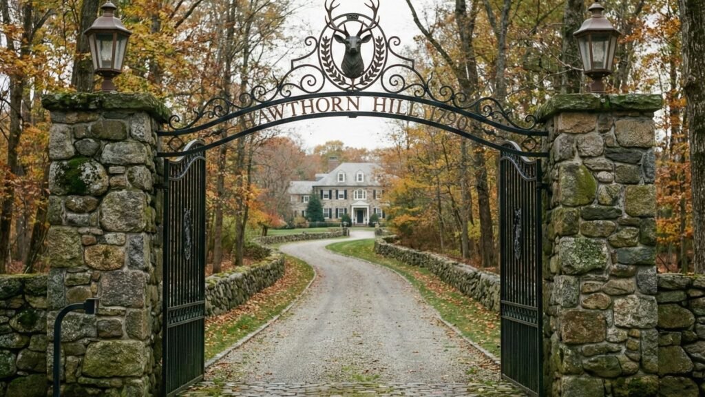 Stone pillars with ornate iron gate entrance reading Hawthorn Hill, leading to colonial mansion through autumn trees