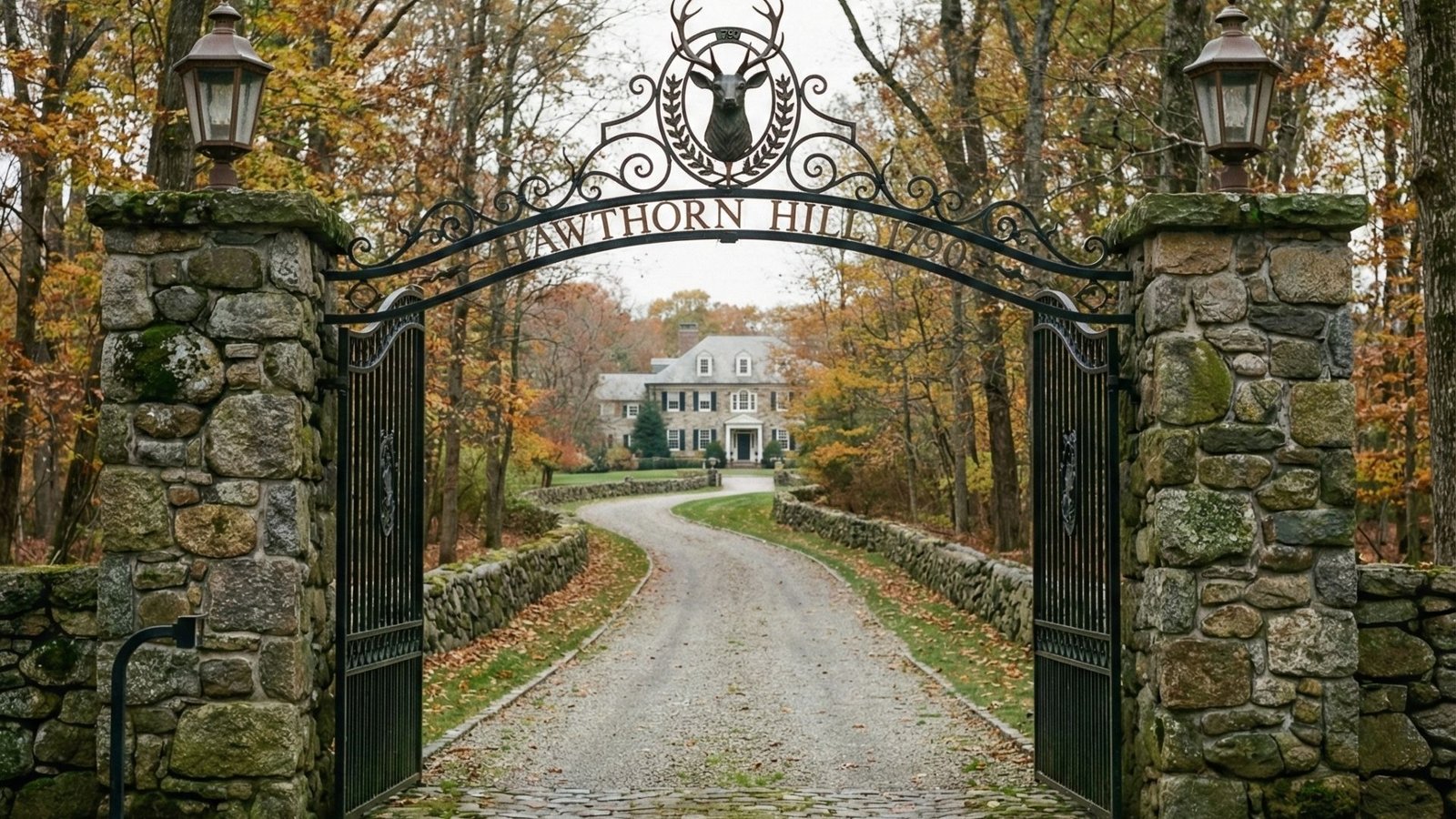 Stone pillars with ornate iron gate entrance reading Hawthorn Hill, leading to colonial mansion through autumn trees