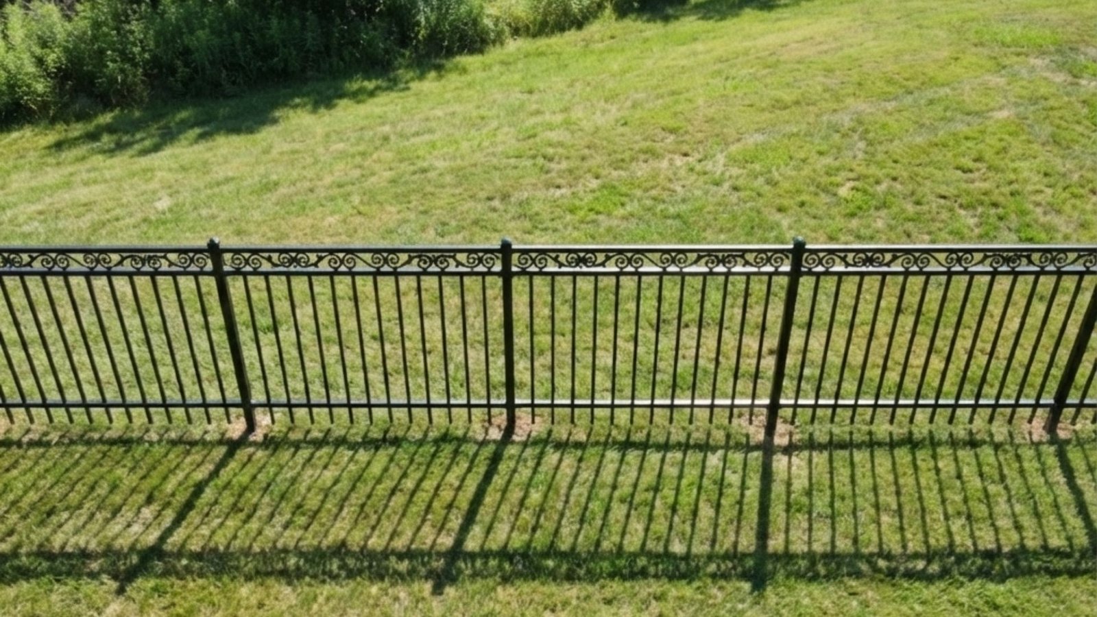 Black ornamental iron fence with decorative scrollwork bordering a green lawn and trees