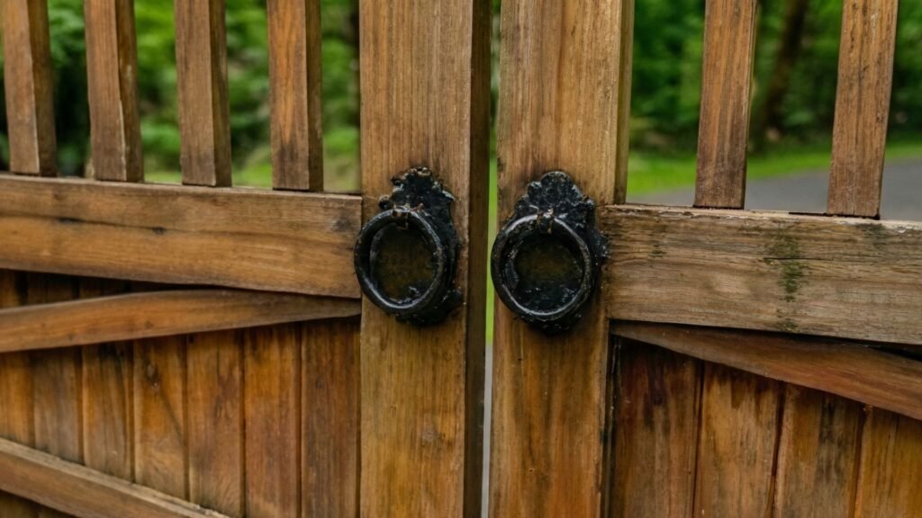Wooden estate gates with ornate black metal ring handles on weathered wood fence with vertical slats
