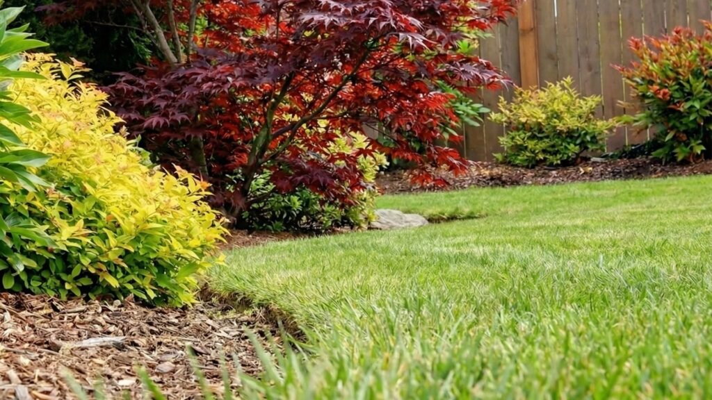 Beautiful backyard landscape with red Japanese maple tree, yellow foliage plants, and green lawn bordered by wooden fence