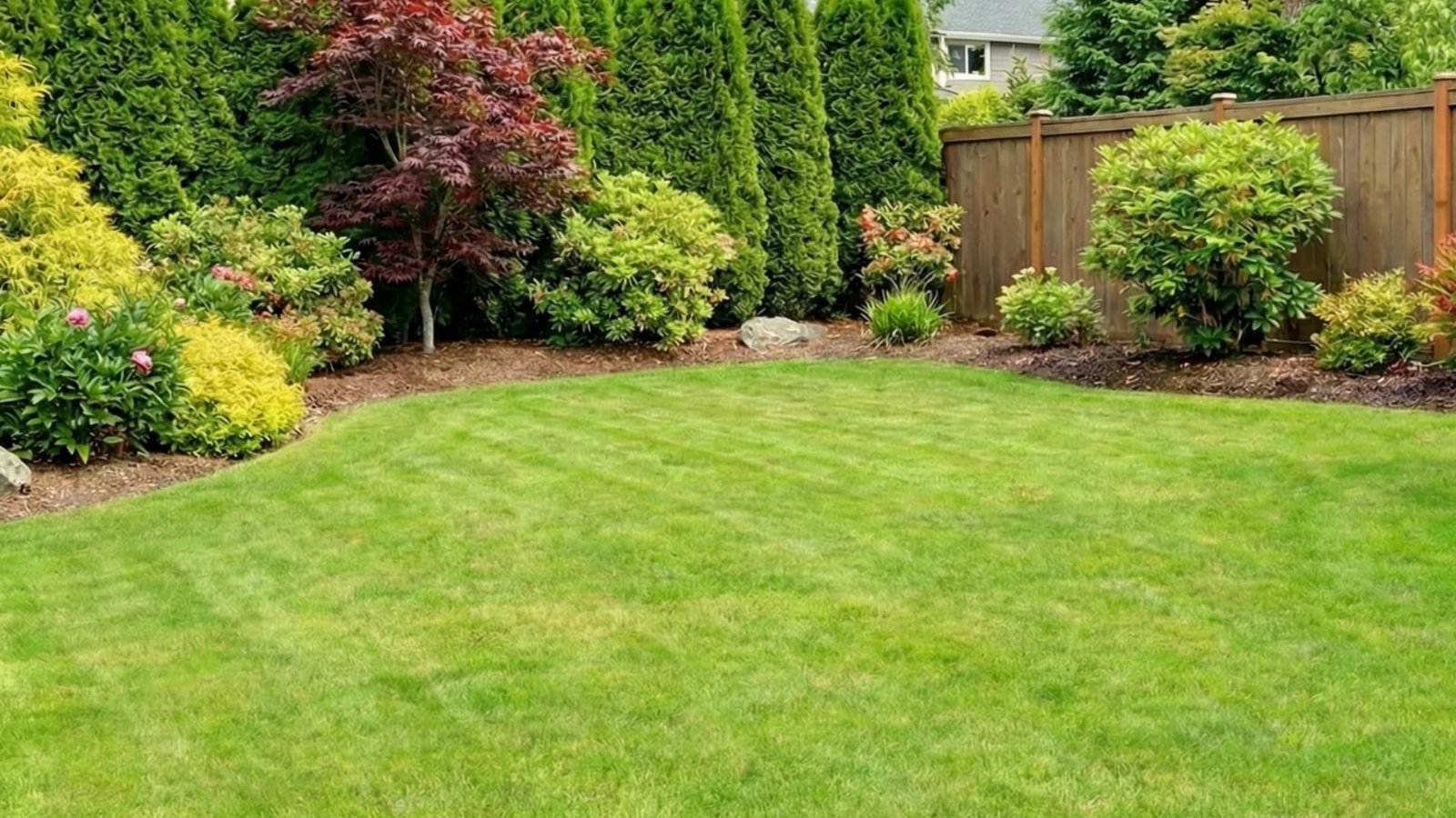 Beautiful backyard landscape with red Japanese maple tree, yellow foliage plants, and green lawn bordered by wooden fence