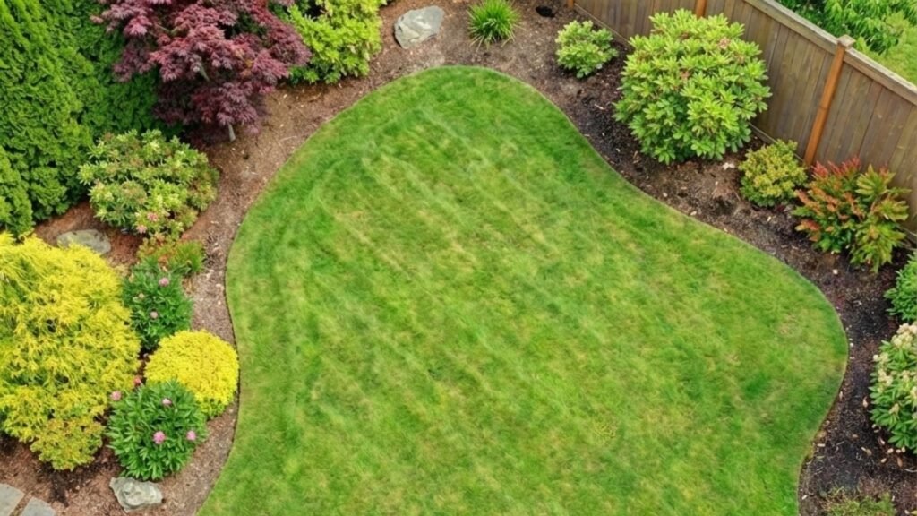 Aerial view of curved lawn area surrounded by landscaped garden beds with colorful shrubs and plants