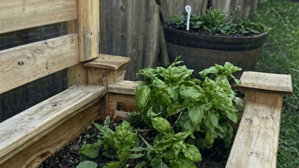 Custom cedar raised garden bed with herbs and vegetables planted in dark soil, wooden fence backdrop