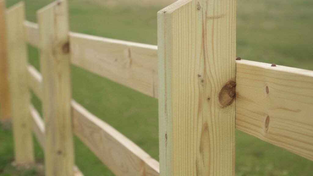 Close-up view of wooden fence post and horizontal rails showing natural wood grain and construction details
