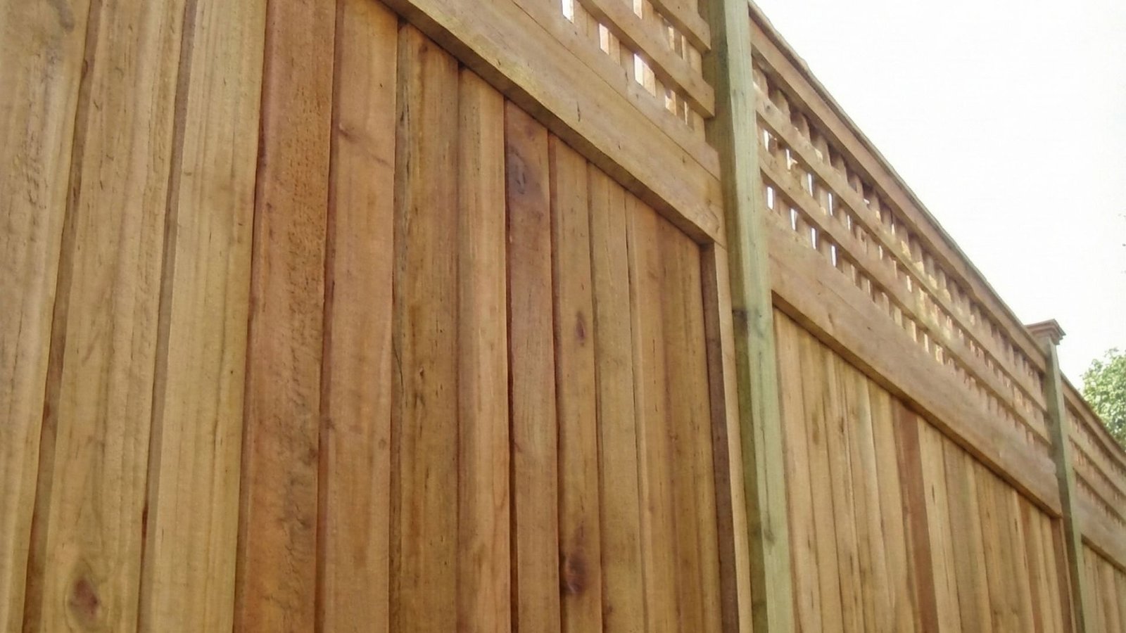 Professional wooden privacy fence with decorative lattice top detail and sturdy posts installed in residential yard