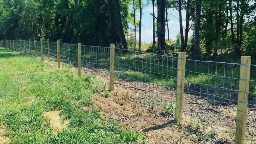 New agricultural fence installation with wooden posts and wire mesh fencing in rural field setting