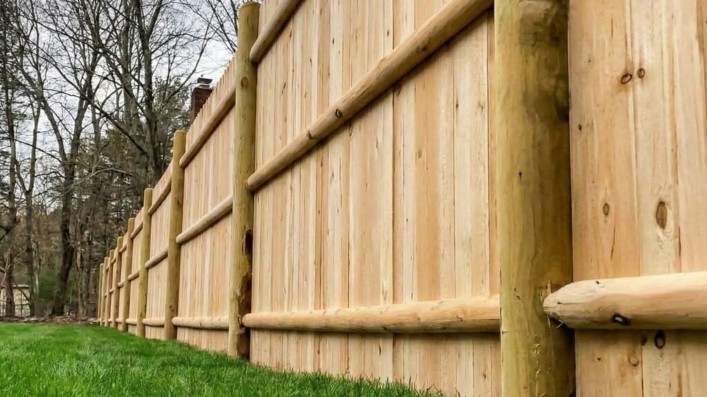 New wooden privacy fence with horizontal rails installed along green grass lawn with bare trees in background