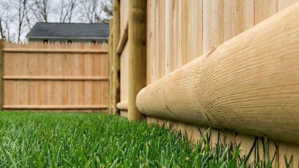 Close-up view of wooden fence post and horizontal rail at ground level with green grass in residential backyard