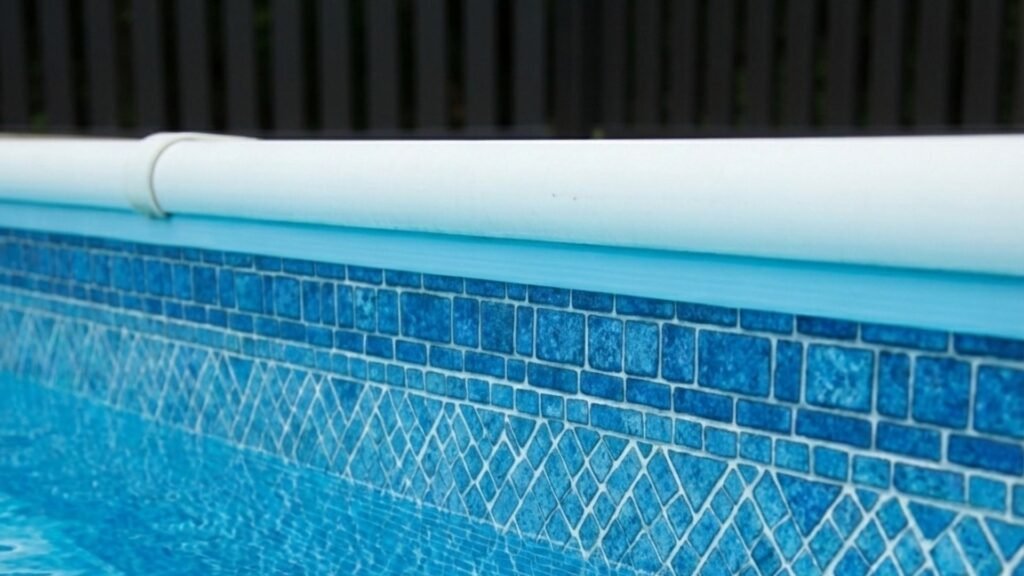 Close-up view of blue swimming pool with decorative tile border and white coping edge showing pool fencing area