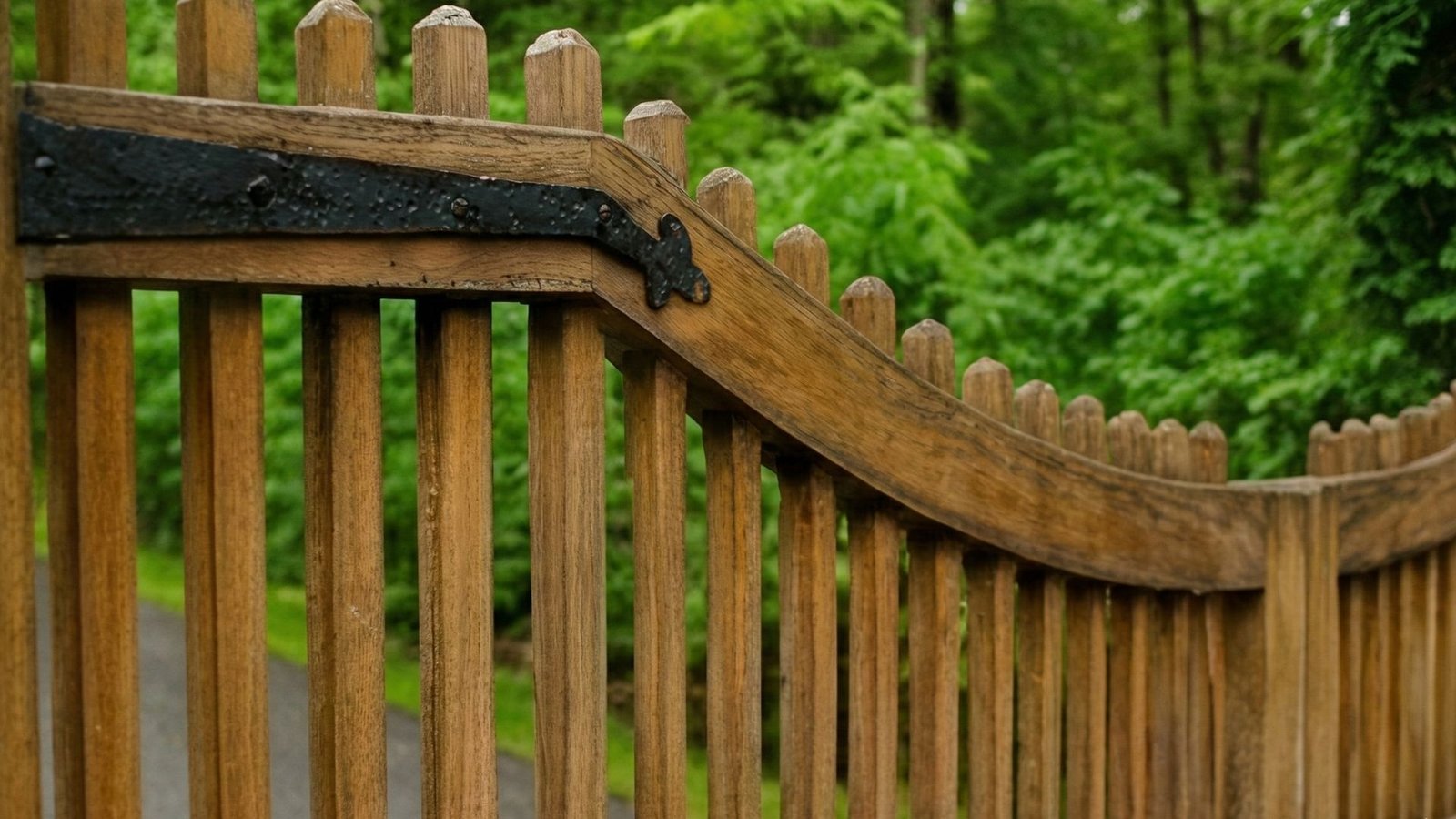 Curved wooden fence with vertical pickets and decorative metal hardware against lush green forest background