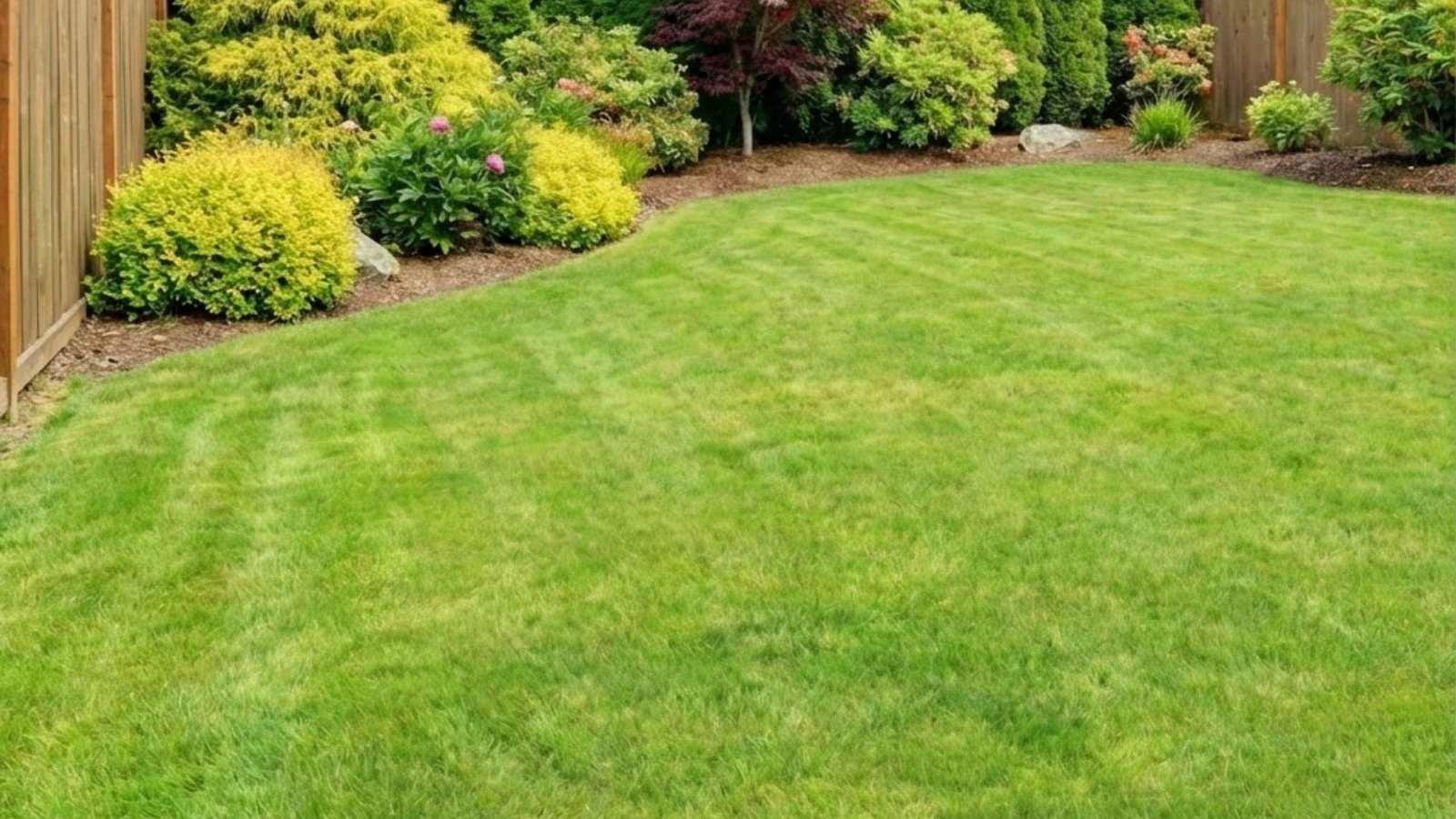Well-maintained backyard with lush green lawn and wooden privacy fence, featuring landscaped borders with colorful shrubs