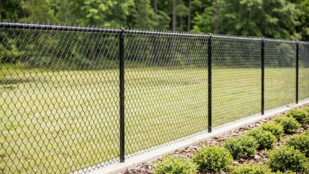 Black chain link fence with posts installed along grassy area with landscaping and trees in background